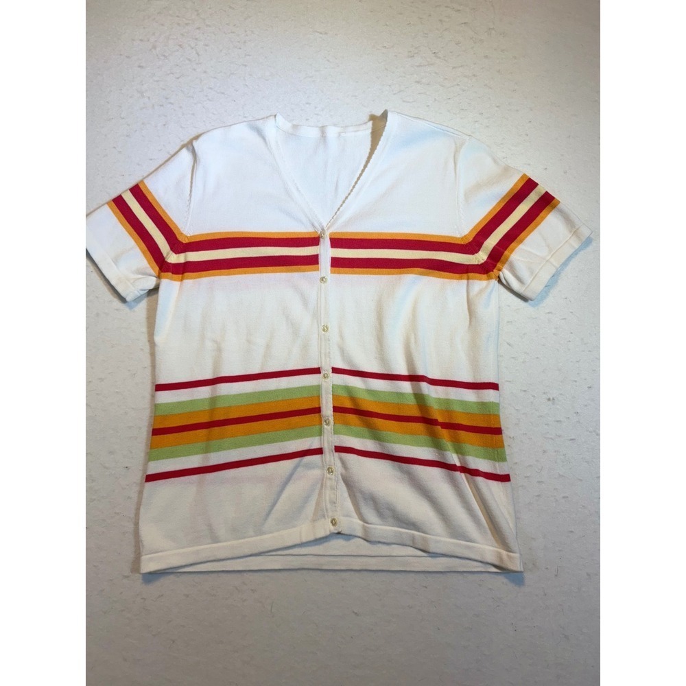 Womens Short Sleeve V Neck Button Down Cardigan Striped Knit Top